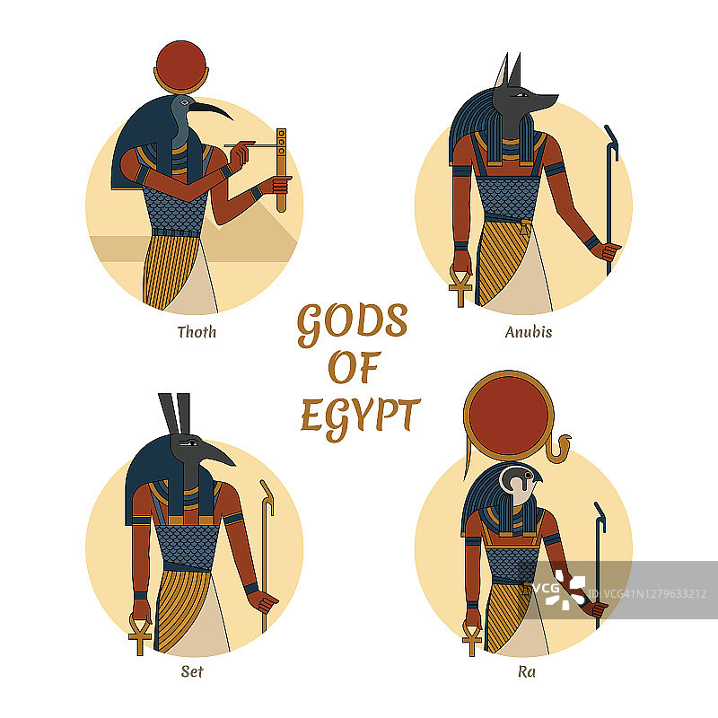 以圣甲虫为背景的古埃及孤立的神和符号插图。古埃及诸神透特、阿努比斯、拉和塞特图片素材