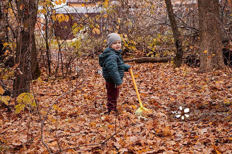 在秋天的森林里，小孩子拿着耙子图片素材