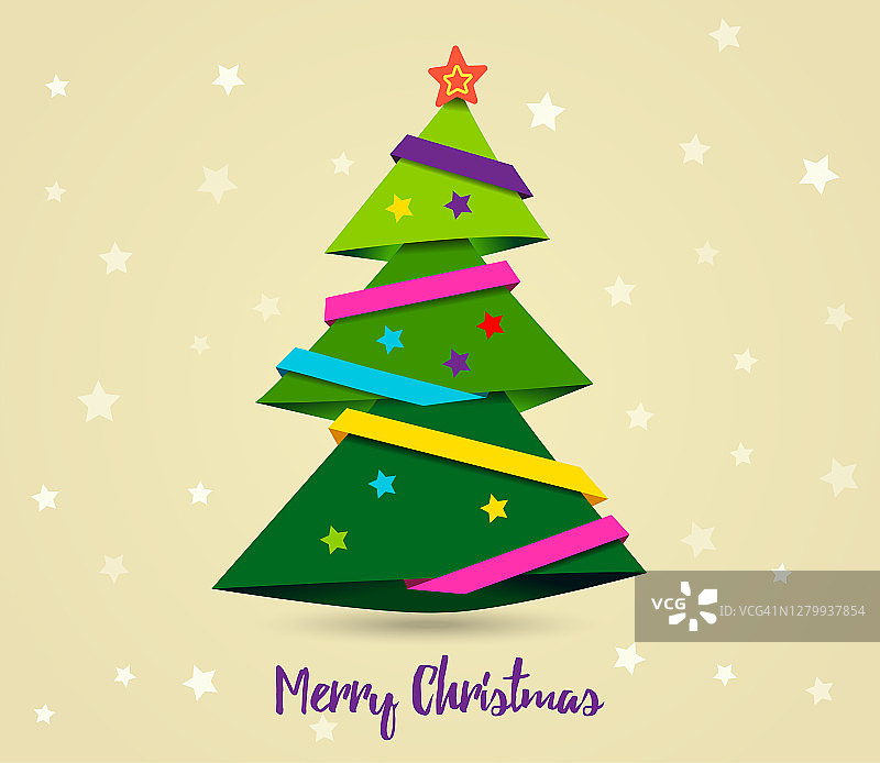 金卡圣诞快乐。圣诞树上的彩带上有黄色的星星图片素材