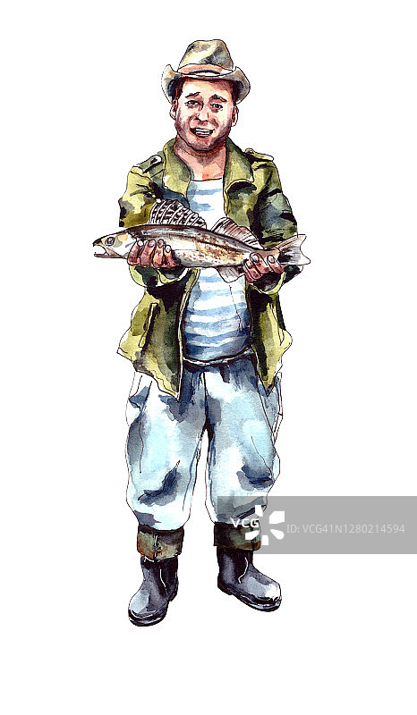 水彩插图。主人公是一个快乐的渔夫，手里拿着一条钓到的鱼。男人的爱好和爱好，积极的娱乐。一个戴帽子的男人。孤立在白色背景上图片素材