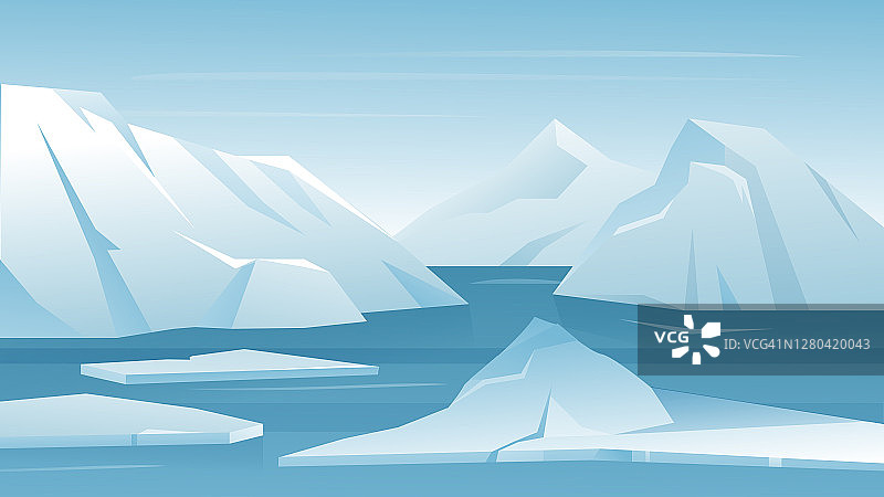 北极南极景观，卡通霜冻自然景观，北方有冰山山、冰川冰图片素材