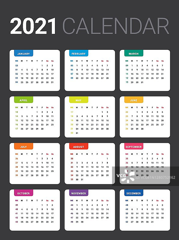 2021周计划日历。多彩的，最小的和基本的网格。带有星期号码的日历。一周从星期一开始。图片素材