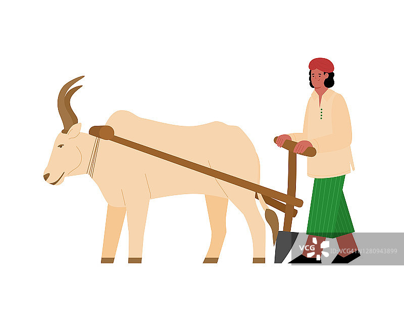 矢量插图与印度农民犁地和利用水牛图片素材
