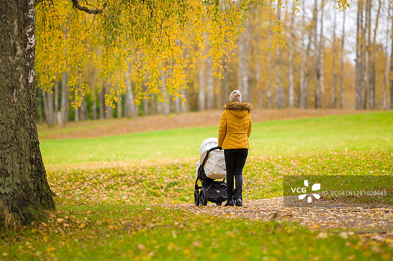 一位年轻的母亲推着白色婴儿车，在美丽的秋日公园里慢慢地走着。花时间陪婴儿，呼吸新鲜空气。享受漫步。后视图。图片素材