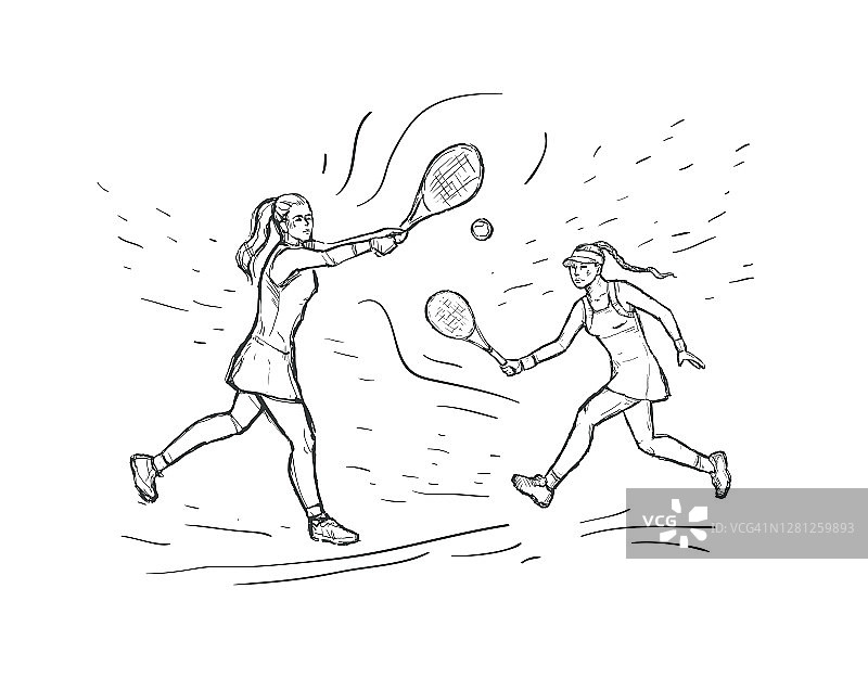 网球素描手绘矢量背景。白色背景上有网球拍的女子网球运动员。黑线孤立在白线上。体育的概念。图片素材