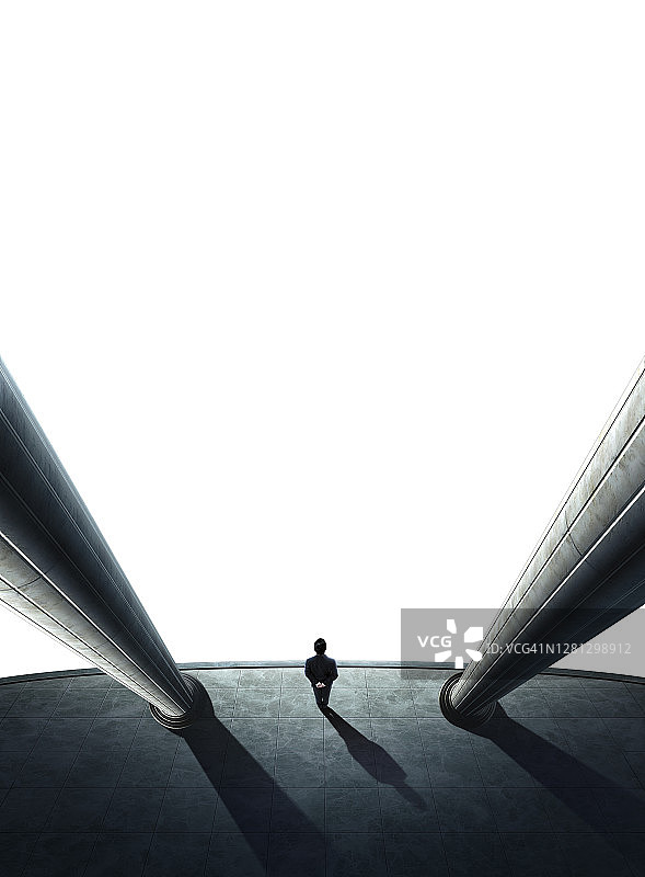 一个人站在两根柱子之间，顶部角度，3D设计图片素材