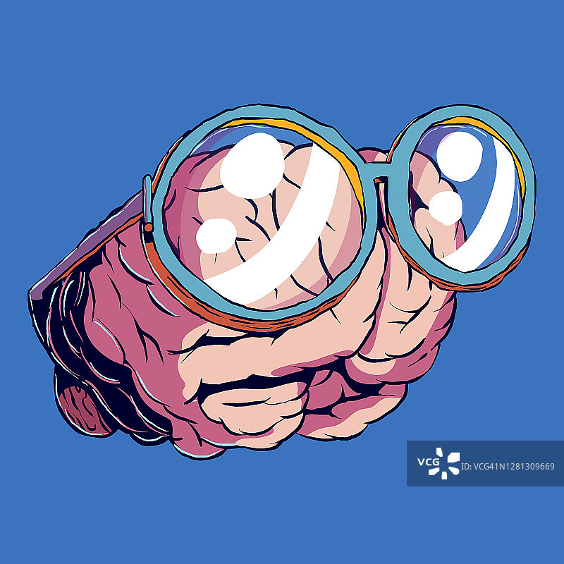 手绘向量滑稽漫画艺术-大脑与眼镜。图片素材