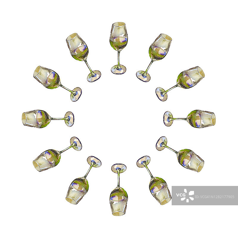 圆形框架的酒杯与白葡萄酒，孤立的白色。水彩画插图。图片素材