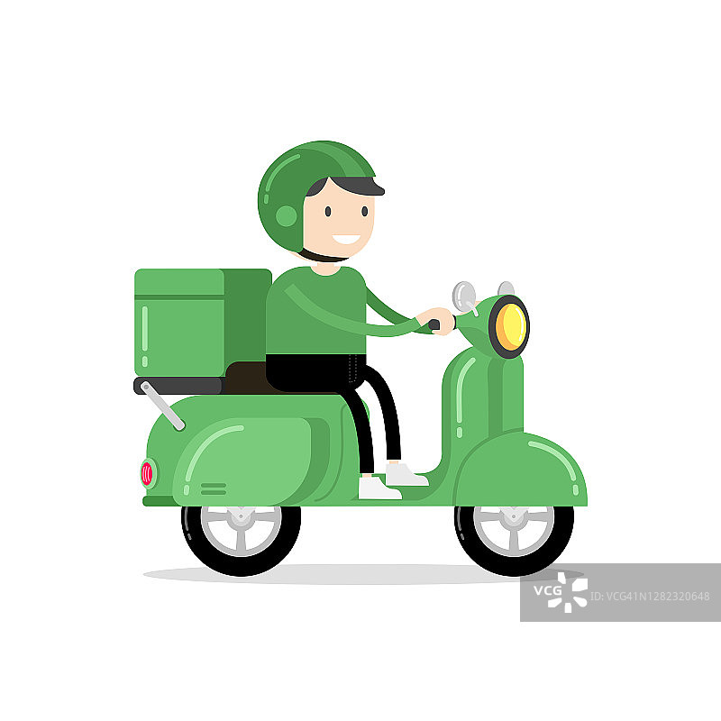 送餐员骑着绿色的踏板车。快递员骑着小摩托车与包裹箱快速送货理念。图片素材