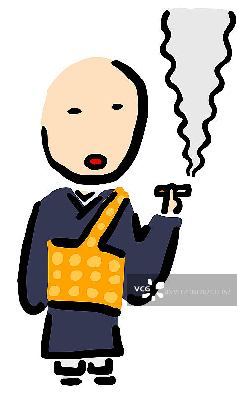 吸烟的日本佛教僧侣:手绘矢量插图，类似木刻版画图片素材