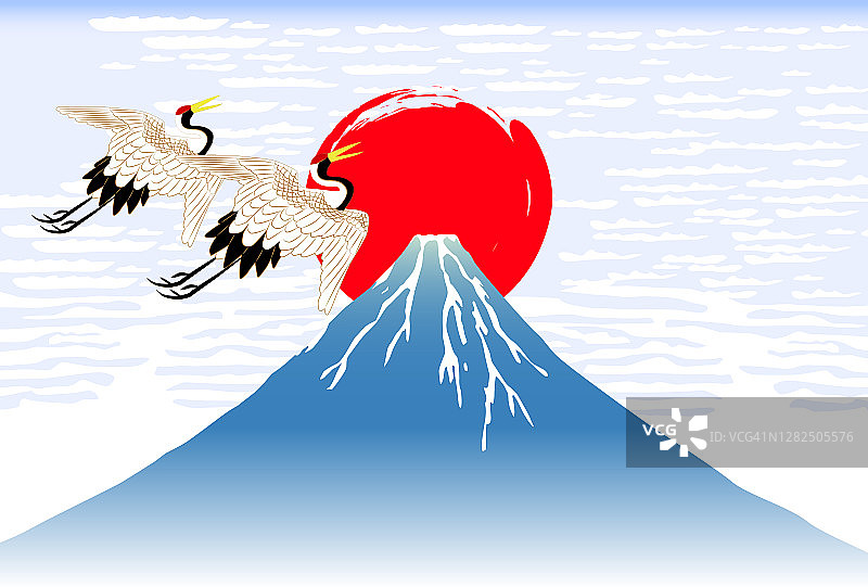 2021年贺年卡。日本起重机和富士山。图片素材