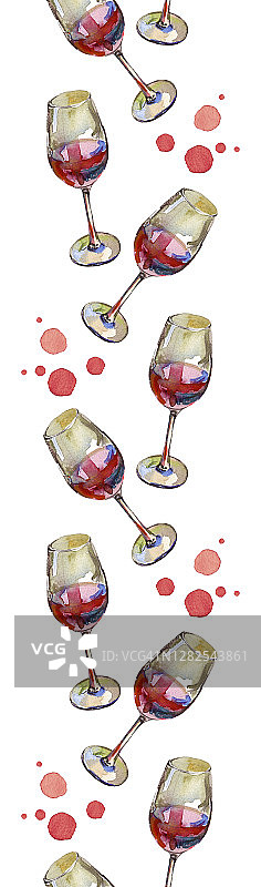 垂直无缝边界的葡萄酒杯红酒和酒滴，孤立的白色。水彩插图。图片素材