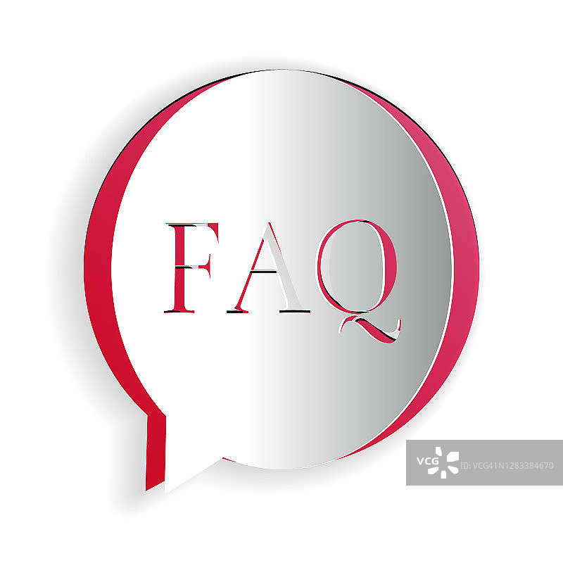 剪纸语音气泡与文本FAQ信息图标隔离在白色背景。圆形按钮与文本FAQ。纸艺术风格。向量图片素材