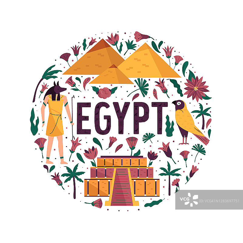 抽象的圆形设计，带有埃及的地标和符号图片素材