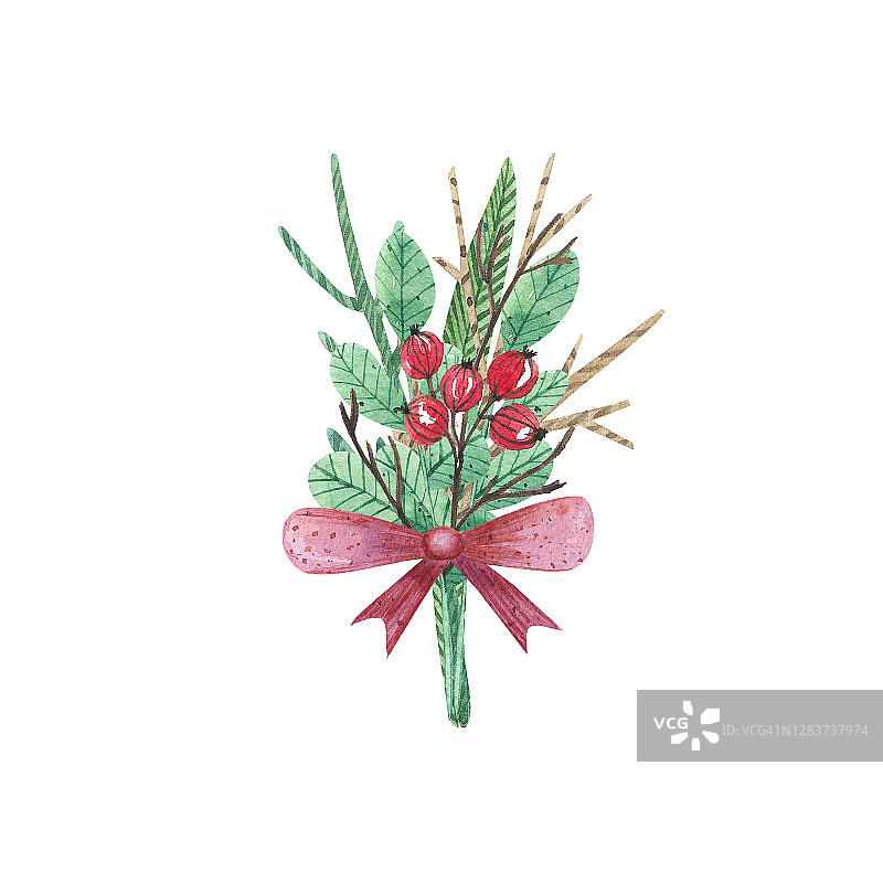 水彩圣诞花束与新年装饰元素。弓，叶子，树枝，孤立在白色背景上的浆果图片素材