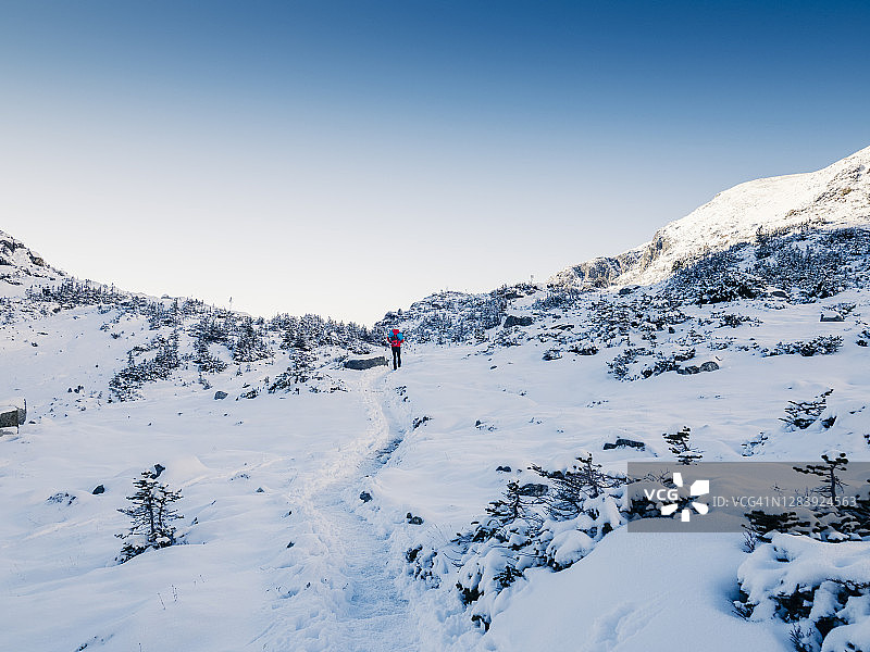 一名登山者在雪地里徒步行走，沿着一条穿过高山草甸的小径图片素材