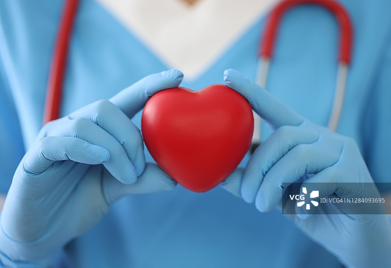 医生在医疗手套持有玩具心脏特写图片素材