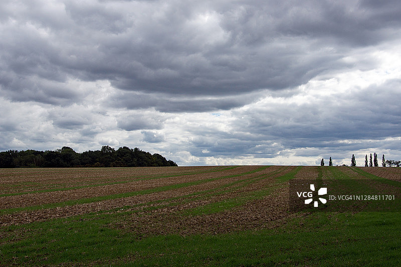 英国索布里奇沃斯附近赫特福德郡田野上的黑暗天空图片素材