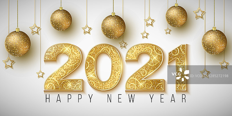 金灿灿的2021年新年数字在明亮的背景下。装饰球和星星。贺卡的节日活动。矢量图图片素材