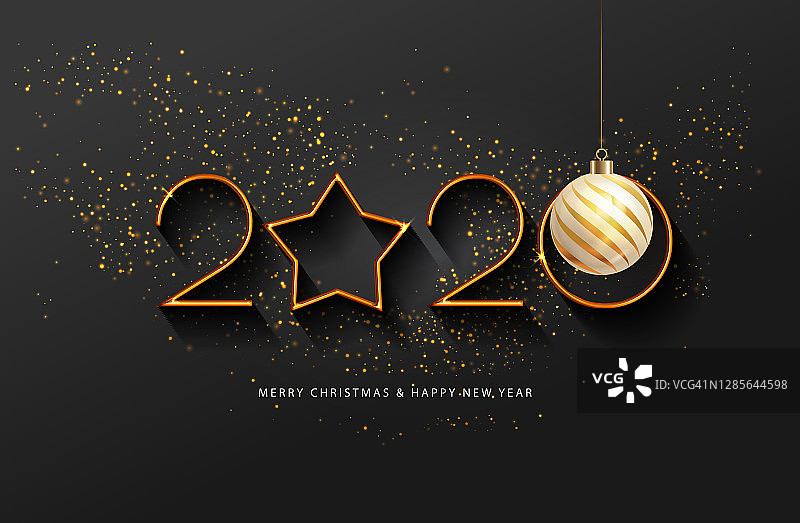 在黑色背景下，悬挂着2020年的金色星星和圣诞球。矢量插图。极简主义现代线条艺术圣诞和新年邀请设计。寒假装饰图片素材