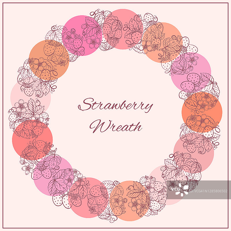 草莓花环，上面有浆果、花和叶子。图形手绘平面风格。包装上的涂鸦插图，菜单卡，海报，印刷品。图片素材