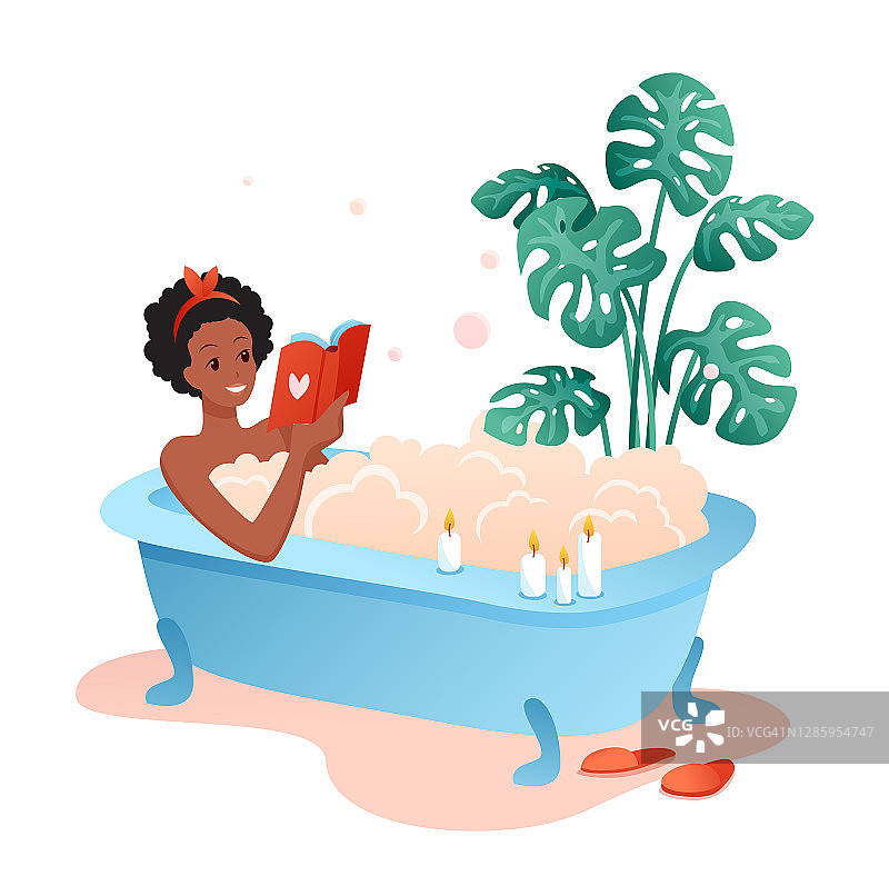 沐浴时间平面矢量插图，卡通快乐的年轻女子人物躺在浴缸，放松在浴室在家中孤立的白色图片素材