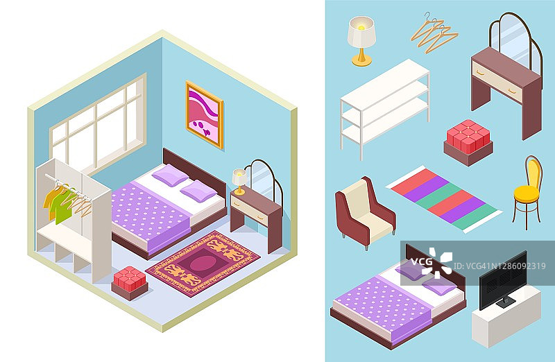 卧室等距。向量床，灯，椅子，书架，枕头。等距家具集图片素材