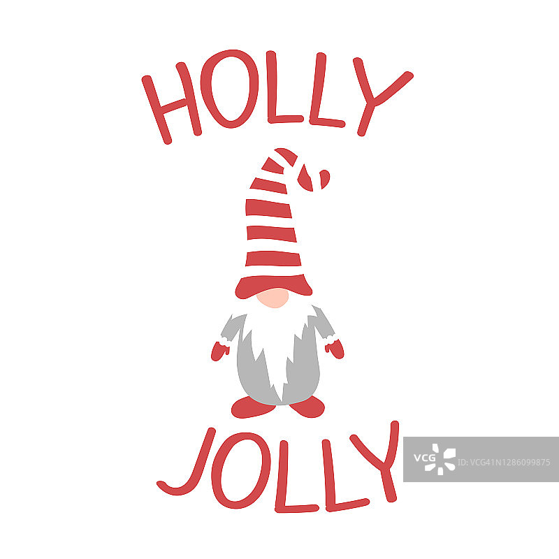 可爱的斯堪的纳维亚圣诞小精灵和短信霍莉·乔利。新年设计模板快乐。矢量插图与侏儒在红帽子孤立的白色背景。图片素材