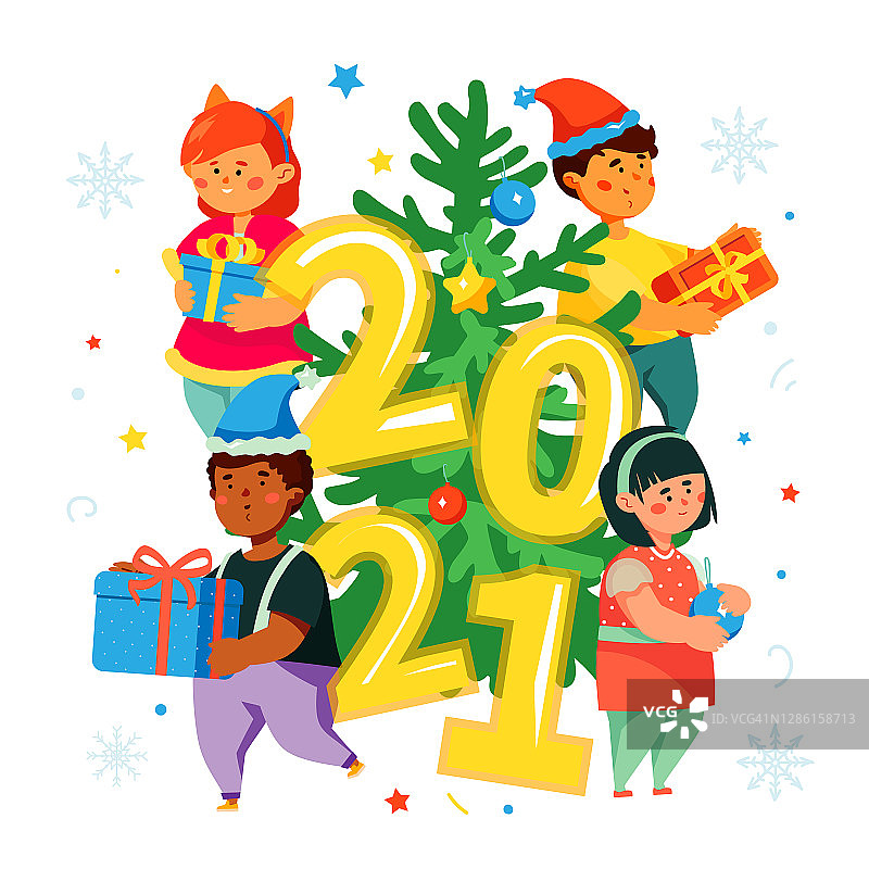 快乐的孩子在圣诞树-彩色平面设计风格的插图图片素材