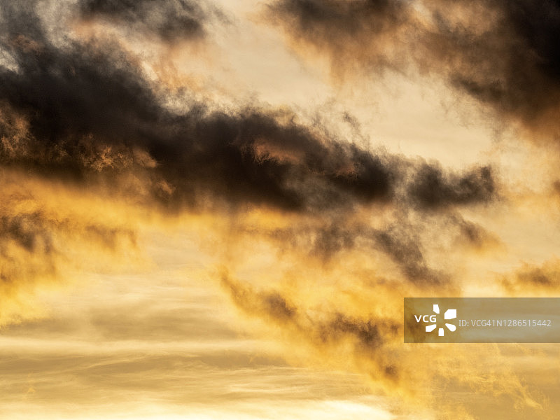 日落时天空中云层的低角度视图的完整框架。图片素材