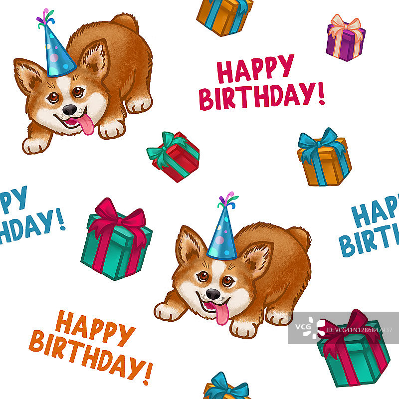 无缝图案的可爱卡通狗繁殖威尔士柯基彭布罗克在派对帽子，彩色礼物盒和生日字母的白色背景图片素材