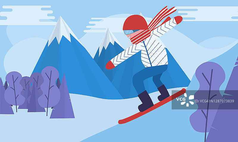 单板滑雪。雪景，冬季活动，极限运动。在雪山度假。平的插图图片素材