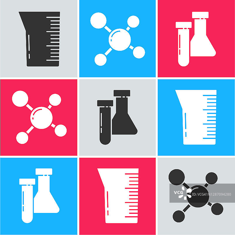 设置实验室玻璃器皿或烧杯，分子和试管和烧瓶化学图标。向量图片素材