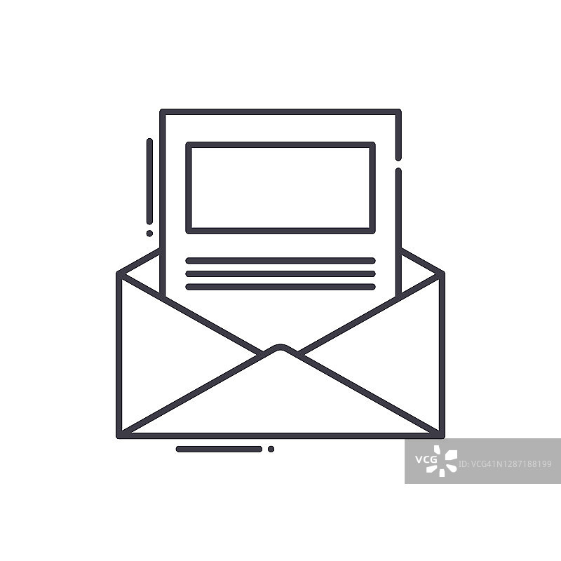 电子邮件营销图标，线性孤立的插图，细线矢量，网页设计标志，大纲概念符号与可编辑的笔触在白色的背景。图片素材