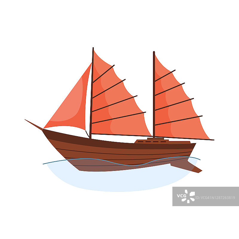 海上帆船是现代水运船和海运船的扁平化设计风格。游艇在海浪中航行图片素材