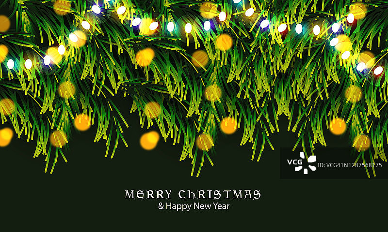 圣诞快乐，绿色背景上的霓虹灯冷杉枝图片素材