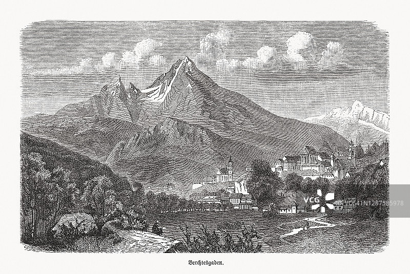 德国巴伐利亚州贝希特斯加登的历史观，木刻，1893年出版图片素材