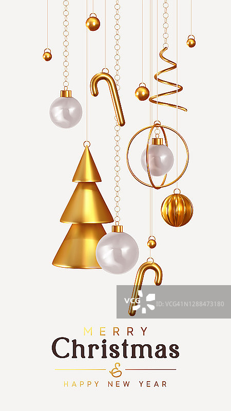 圣诞节和新年的背景。圆锥形抽象的金色圣诞树。挂在丝带上的圣诞球。明亮的寒假作文。贺卡、横幅、海报图片素材