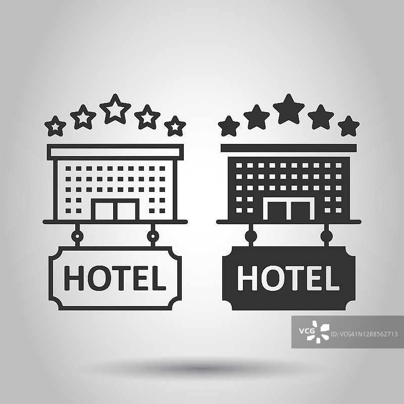 酒店5星级标志图标在扁平风格。客栈建设矢量插图在白色孤立的背景。旅舍客房经营理念。图片素材