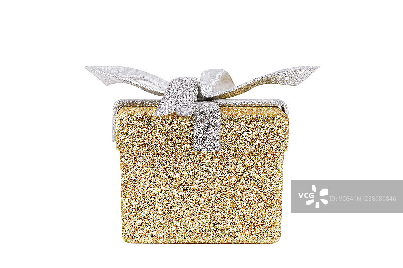 金色礼盒与丝带蝴蝶结，孤立在白色图片素材
