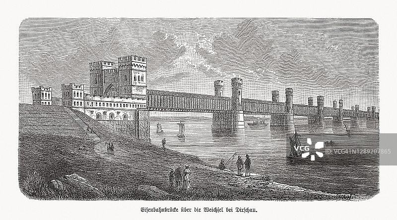 波兰Tczew (Dirschau)附近的铁路桥，木刻，1893年出版图片素材