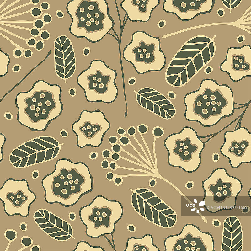 重复向量模式与抽象的花在灰色的背景。简单的现代花卉墙纸设计与树叶。装饰花卉园林时尚纺织品。图片素材