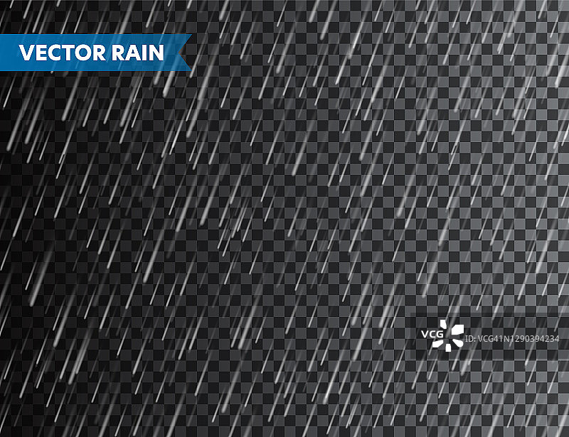 真实的雨纹理上透明的背景。降雨，水滴效应。秋天潮湿的雨天。矢量图图片素材