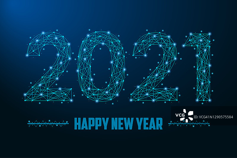 2021年新年插图由点和线，多边形线框网格在夜空，深蓝色的背景。低聚贺卡。图片素材