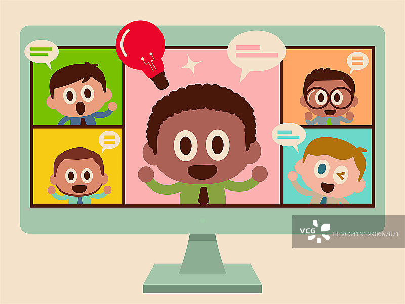 微笑的多民族商人(不同的同事)进行视频通话，在电脑屏幕上进行视频会议或进行语言交换图片素材