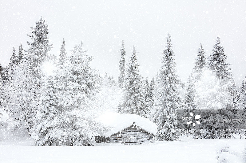 冬天的雪落在木屋和森林，斯堪的纳维亚图片素材