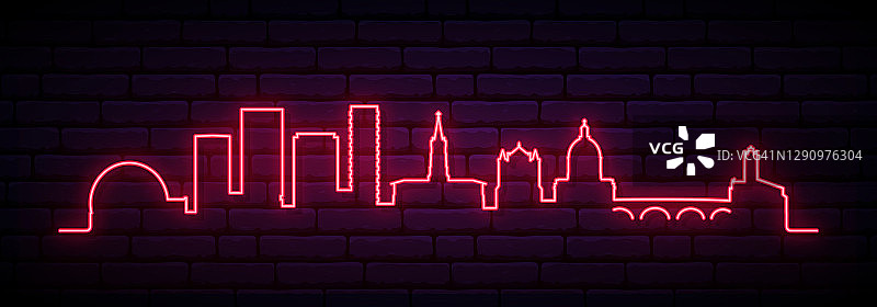 图卢兹的红色霓虹天际线。明亮的图卢兹城长横幅。矢量插图。图片素材