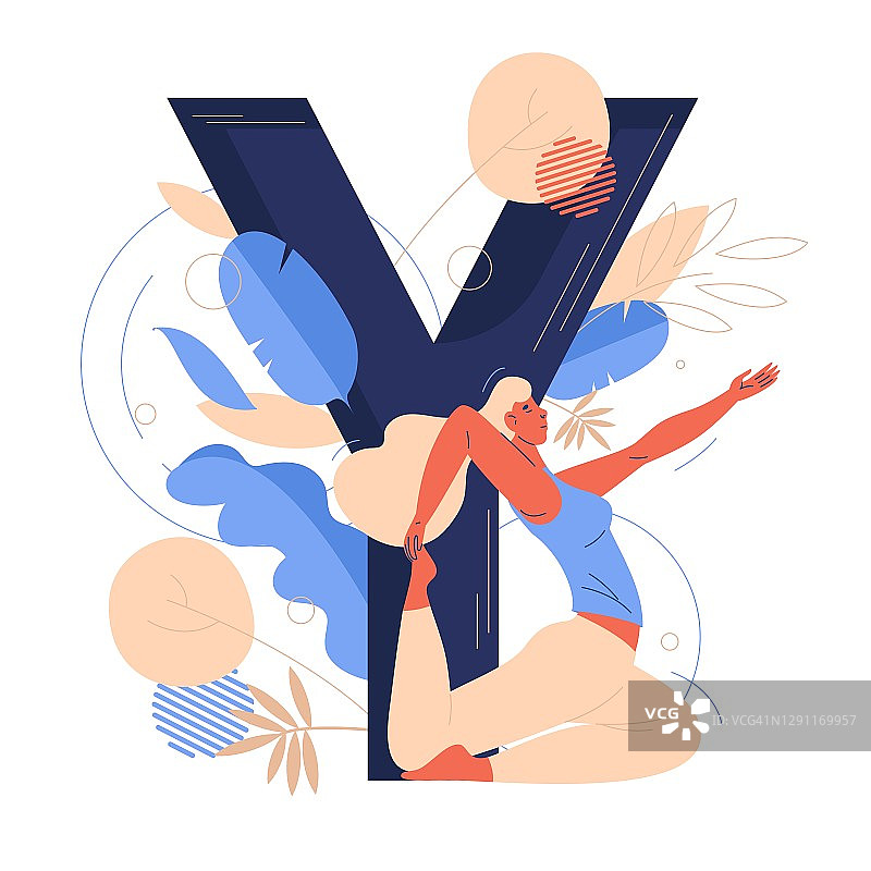 矢量字母大写字母Y和年轻女子做瑜伽。装饰树叶和形状概念运动插图图片素材