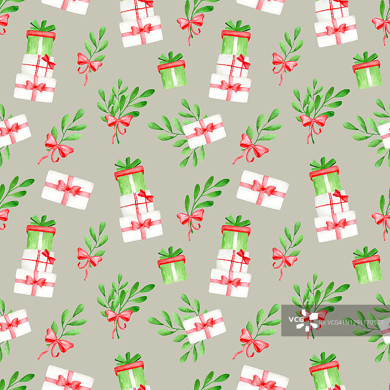 水彩圣诞礼物和槲寄生叶无缝图案。带蝴蝶结的丝带，绿色树叶和银灰色背景的礼品盒包装，包装设计，卡片，印刷。图片素材
