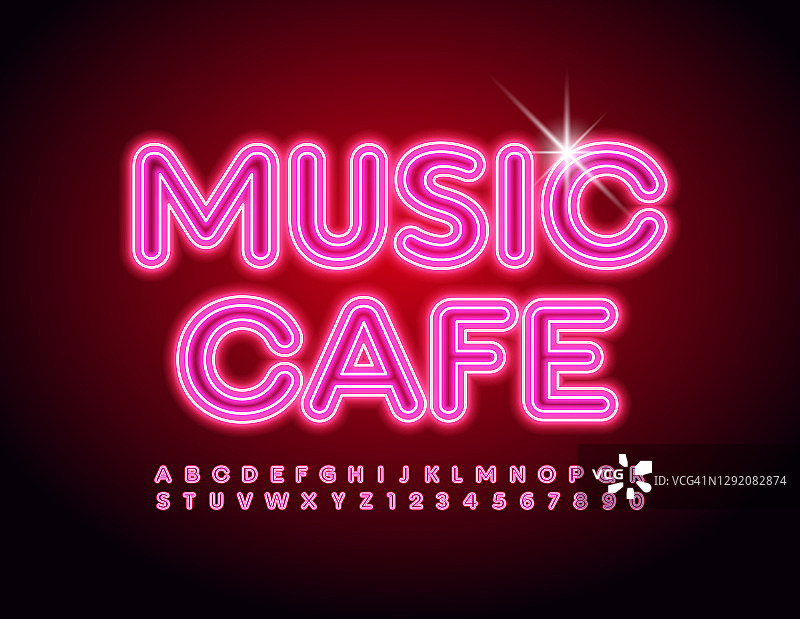 向量明亮的标识音乐咖啡馆。霓虹发光的字母和数字集图片素材